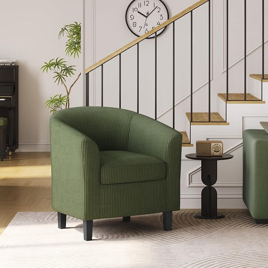 Topeakmart Corduroy Club Chair, Modern Accent Chair and Cozy Barrel Chair with Sturdy Wood Legs for Living Room Bedroom Reception Room, Dark Green