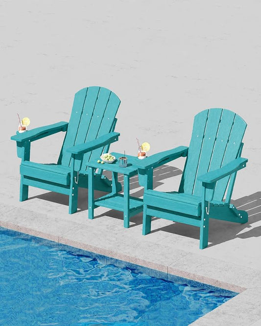 Garvee Folding Adirondack Chair Set of 2, HDPE Outdoor Patio Chair with Cup Holder, All Weather Resistent Wooden Textured for patios, Decks, Gardens, fire Pit, Lake Blue