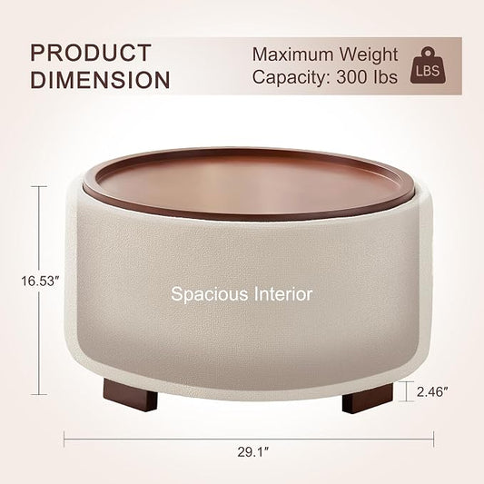 29.1 Inch Round Ottoman Coffee Table, Ottoman with Storage, Boucle Beige | Storage Ottoman with Removable Lid Top, Solid Wood Legs, Round Ottoman for Living Room, Bedroom, Apartments