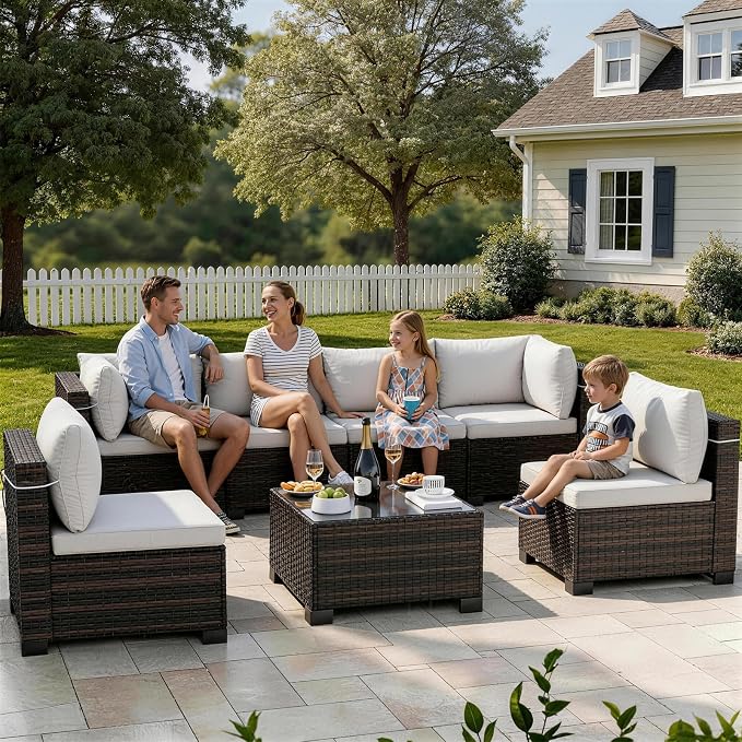 LAFWELL 7 Pieces Outdoor Patio Furniture Sets,Rattan Conversation Sectional Set,Manual Weaving Wicker Patio Sofa with Tea Table