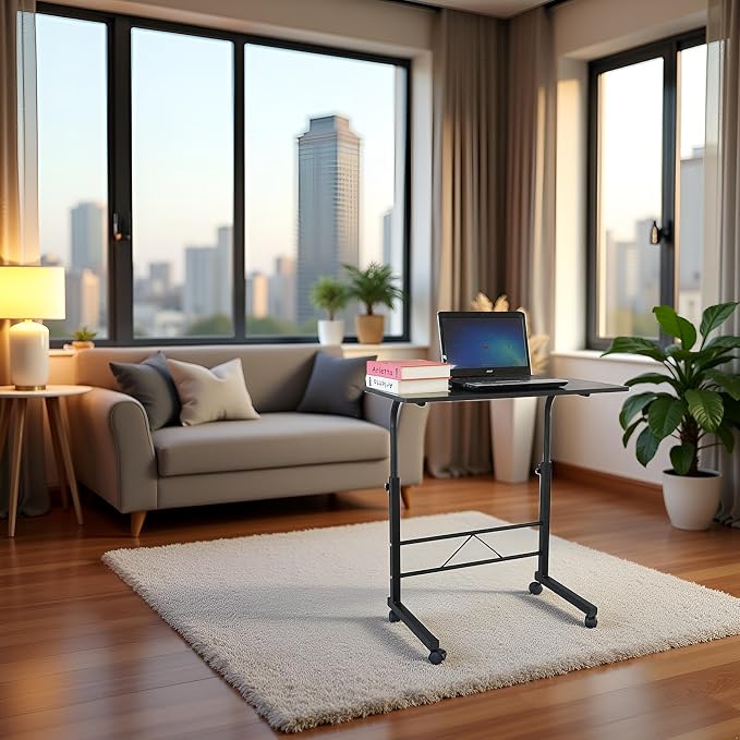 TV Tray Bed Side Table, Portable Rolling Desk Hospital Bed Laptop Table, Small Standing Desk with Wheels Adjustable Height for Sofa, Bedside, Tablet Use, Secure Non Tilt, 31.5" W, Black