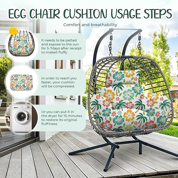Waterproof Egg Chair Cushion Replacement 47x31.5x4.7 inch Thicken Hanging Egg Swing Chair Cushion Indoor Outdoor Wicker Rattan Hammock Basket Cushion with Headrest Pillow, Green Coconut Tree