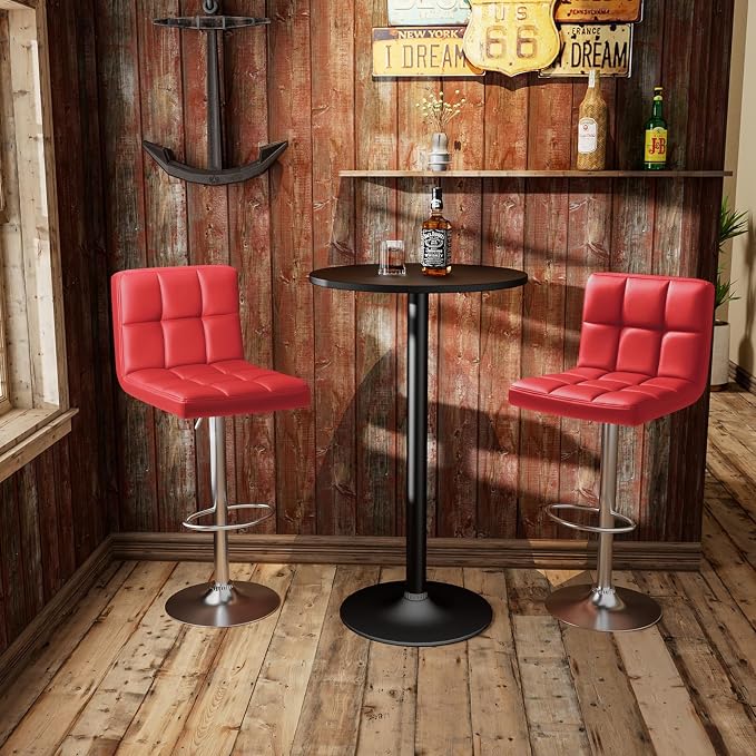 Homall Bar Stools Modern PU Leather Adjustable Swivel Barstools, Armless Hydraulic Kitchen Counter Bar Stool Extra Height Square Island Barstool with Back Set of 2 (Leather, Red)