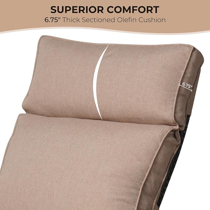 Grand patio Outdoor Recliner with Independent Adjustable Back and Footrest, Air Pump 150° Lay Flat Reclining Chair Removable Olefin Cushion Flip-Up Table Wicker Beige 1PC