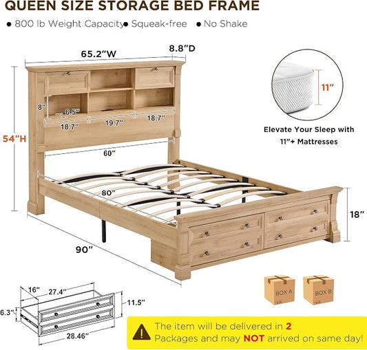 T4TREAM Farmhouse Queen Size Bed Frame with 54" Tall Storage Bookcase Headboard, 18" Roman Column Decoration Footboard,2 Drawer & 4 Storage Rack, Oak