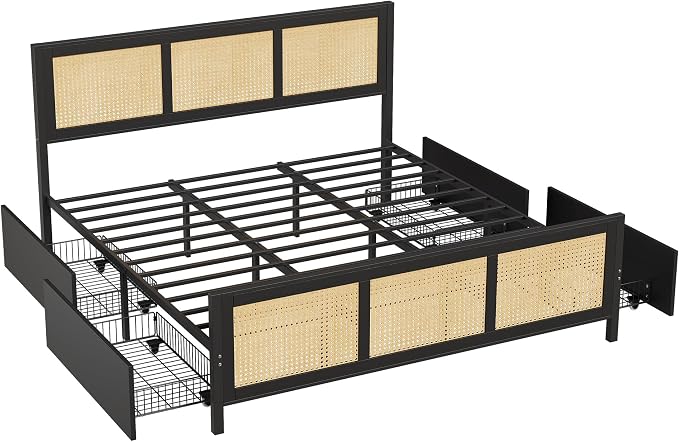 GarveeHome Black Rattan Bed Frame with Headboard, Boho Cane Platform King Size Bed Frame with 4 Drawers, Strong Metal Slats Support, Noise Free, No Box Spring Needed