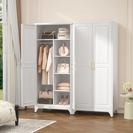 Polup Metal Armoire Wardrobe Closet, 71" Tall White Wardrobe Cabinet with 2 Doors, Hanging Rod and Adjustable Shelves, Steel Clothing Storage Cabinet for Bedroom, Home, Employee, Gym, Office