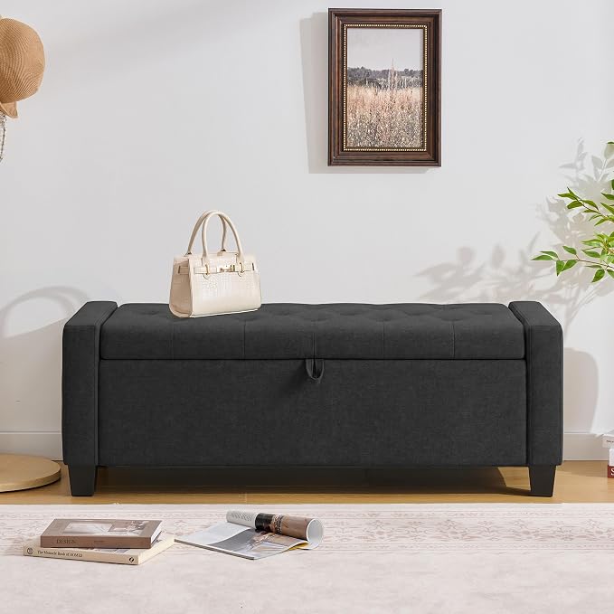 Huatean Home 43" Ottoman with Storage, Storage Ottoman Bench with Safety Hinge, Upholstered Entryway Bench with Seating for Bedroom, Living Room, Holds up to 330 lb, Dark Gray