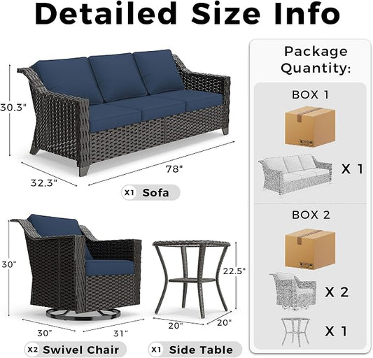 4 Pieces Patio Conversation Furniture Set - 1 Sofa, 2 Swivel Chairs, 1 Side Table, Outdoor Wicker Furniture with Removable Cushions for Porch, Balcony, Sunroom (Blue)