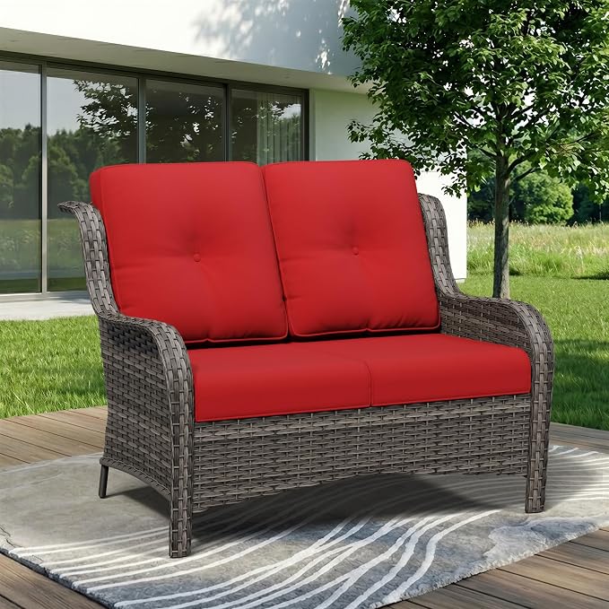 Wicker Patio Loveseat, 2 Seat Outdoor Couch with Thickened Olefin Cushions, High Back and Deep Seating, Hand-Woven PE Rattan for Porch, Deck, Balcony