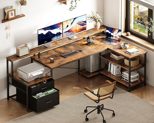 ODK 75" L Shaped Desk with File Drawers, Work from Home Office Desk with Power Outlet, Reversible Computer Desk with Storage Shelves, Gaming Desk with Monitor Shelf, Corner WFM Table, Vintage