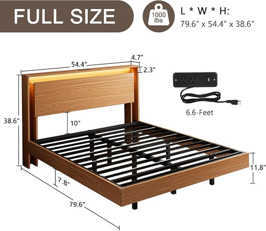 Full Size Bed Frame with LED Lights & Charging Station – Kids Wood Floating Bed Frame with Storage Headboard, Adhesive Slats, Kick-Free & Noise-Free Design, Easy Assembly, Walnut