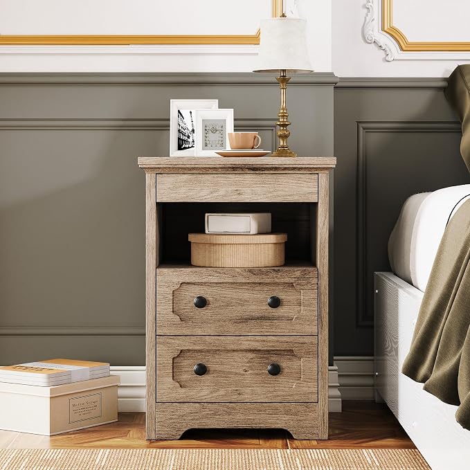 LIKIMIO Night Stand, Modern Bedside Table with 2 Drawers, Open Shelf, End Table with Pull-Out Tray, Wood SideTable, Grey Oak