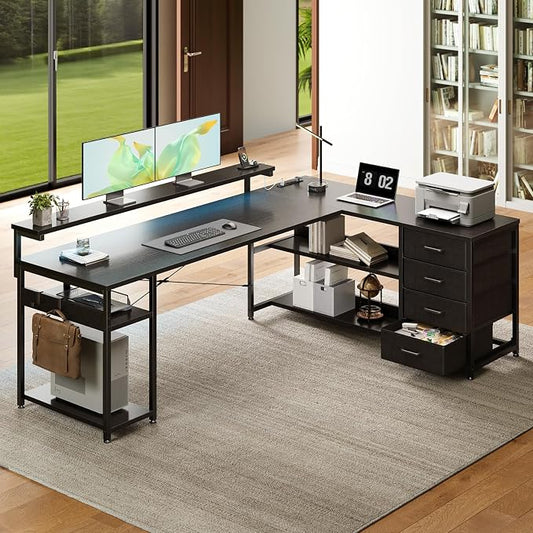 AODK 69" L Shaped Desk with Drawer, Computer Desk with Power Outlets & LED Lights, Reversible Corner Gaming Desks for Home Office Workstation, Office Table with Monitor Shelf, Black
