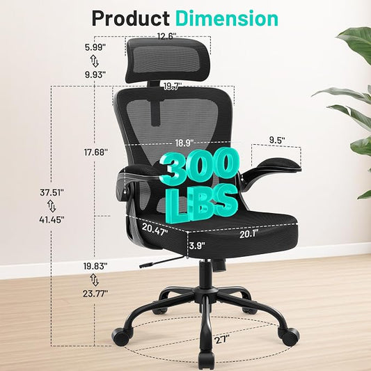AreShark Office Chair - Ergonomic Desk Chair Breathable Mesh Chair with 2D Headrest & Adjustable Lumbar Support - Executive High Back Rolling Swivel Computer Gaming Chair with Wheels Flip-up Armrests
