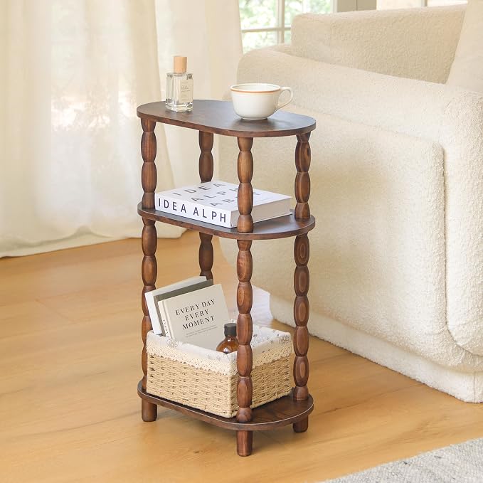 MaxSmeo Small Narrow Side Table, 3-Tier Narrow End Table with Storage, Skinny Side Table Nightstand for Small Space, Bedrooms, Living Room (Rustic Brown)
