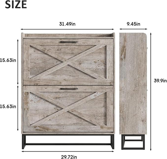 Maupvit Shoe Storage Cabinet with 2 Flip Drawers, Freestanding Organizer with Metal Legs for Entryway, Narrow Shoe Rack Cabinet, Light Rustic Oak