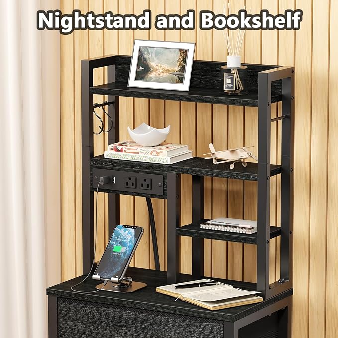 Furnulem Tall Nightstand, LED Night Stand with Charging Station and USB Ports, 4 Fabric Drawers and 4 Tier Storage Shelf, Nightstands Bedside Tables for Bedroom, Dorm, Office (Black Oak)