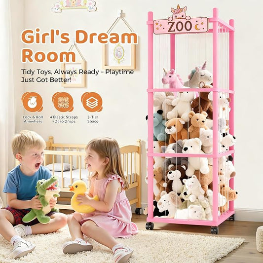 Stuffed Animal Storage Zoo Tower,56In Wooden Large Stuffed Animal Holder Organizer with Wheels,Stuffy Plushies Storage with Elastic Band&Mesh Bottom,Toy Organizers for Playroom Nursery(Pink)
