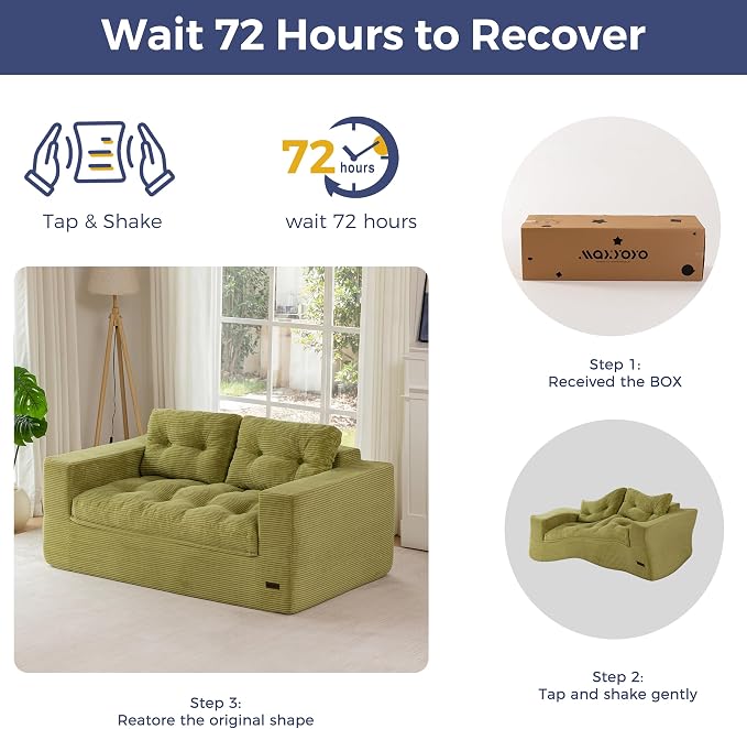 MAXYOYO 63" Loveseat Sofa Couch for Small Spaces, Upholstered Boneless Cloud Couch for Apartment Bedroom, 2-Seater Love Seat Floor Modern Sofa with Pillows, No Assembly Required, Green