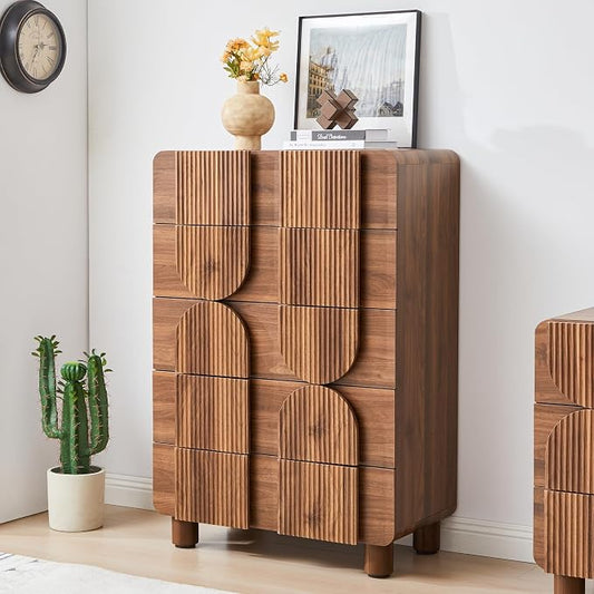 Fluted 5 Drawers Dresser for Bedroom, 46" Tall Dressers & Chest of Drawers w/Curved Profile Design, Wood Mid Century Modern Vertical Storage Dressers Organizer for Living Room, Hallway, Walnut