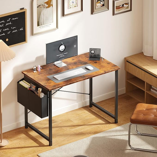 OLIXIS Small Computer Desk, 40 Inch Home Office Desks, Writing Study Craft Work Gaming Table, Computer Workstation for Bedroom Small Spaces with Storage Bag, Rustic Brown