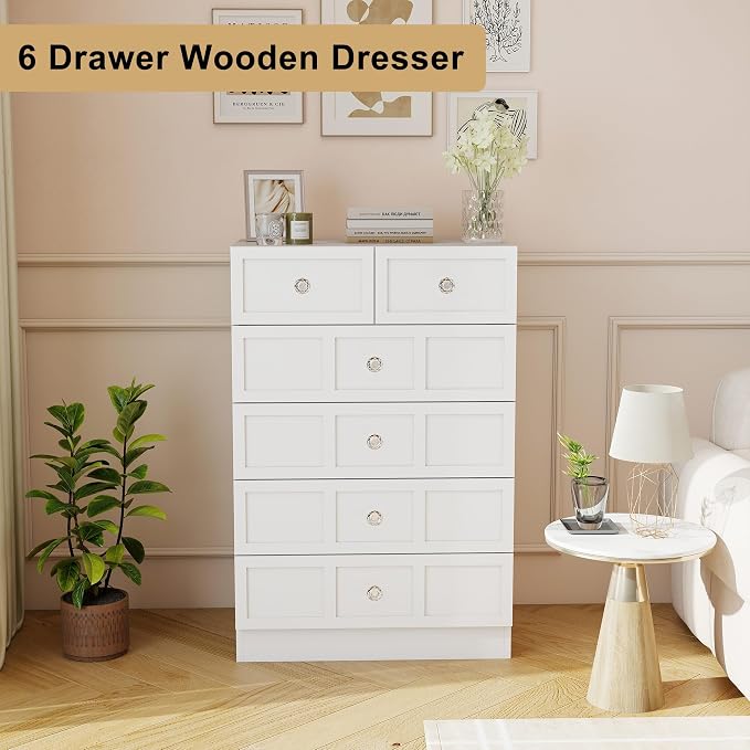 6 Drawer Dresser for Bedroom: 24" Fluted White Dresser Deep Drawers, Modern Chest of Drawers for Bedroom, Fluted Wood Dressers for Living Room, Hallway