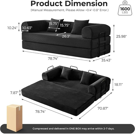 79" 5-in-1 Convertible Sofa Bed No Assembly, Boneless Couch Bed with High Density Foam, Foldable Sleeper Sofa, Corduroy Modular Couch for Apartment, Studio, Dorm Room, Small Space, Black