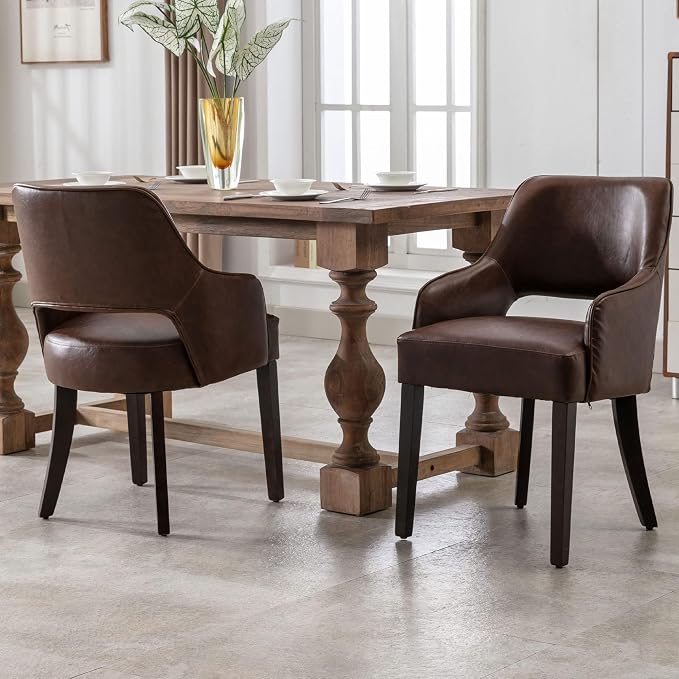 Faux Leather Upholstered Dining Chairs Set of 4 with Arms | Brown faux leather upholstery, solid wood legs, curved open back, padded seat, easy-care surface, dining room, kitchen