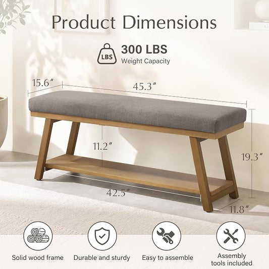 Zihanhome 45" Entryway Bench Upholstered Storage Bench for Bedroom Shoe Rack Bench for Living Room, Hallway, Mudroom, Balcony, Sturdy Indoor Bench Seat Holds Up to 300 lbs (Grey)