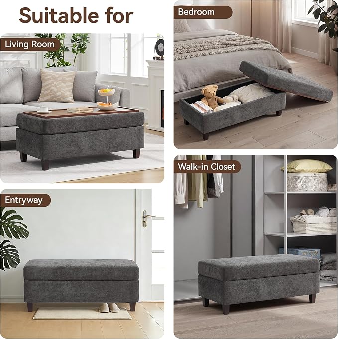 45 Inch Large Storage Ottoman Bench with Wooden Tray Coffee Table, Dark Grey Chenille Upholstered Foot Rest, Multifunctional Foot Stool Ottoman for Living Room, Bedroom & Entryway, Solid Wood Legs