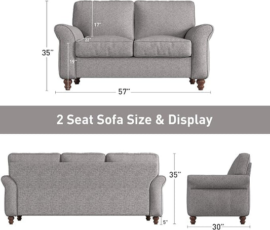 Bonzy Home 57" Loveseat Sofa, 2 Seater Sofa for Living Room, Upholstered Comfy Sofa Couch for Small Space, Living Room, Apartment, Office, Grey