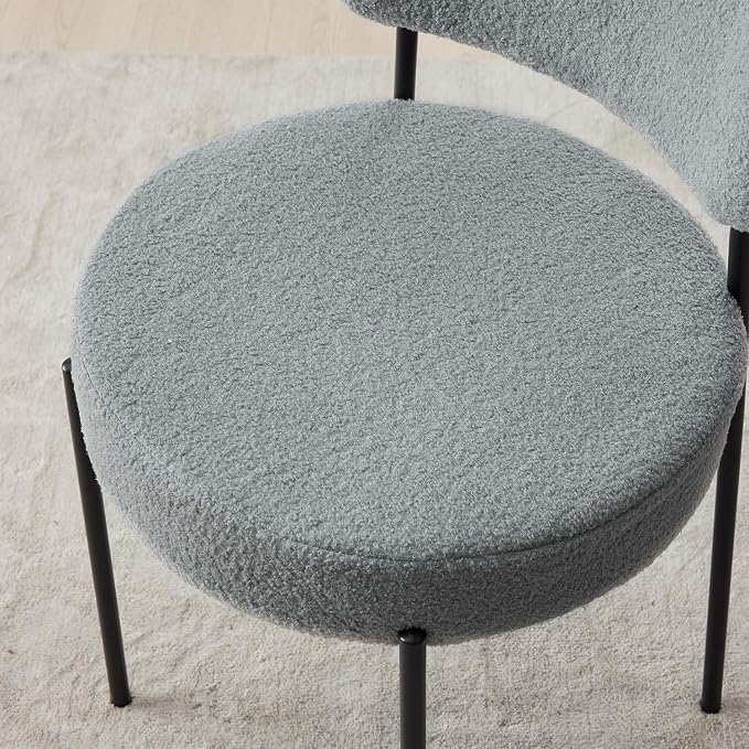 Boucle Dining Chairs Set of 4, Grey Mid Century Modern Kitchen Dining Room Chairs with Curved Backrest and Metal Frame, Round Upholstered Dining Chairs for Kitchen, Living Room