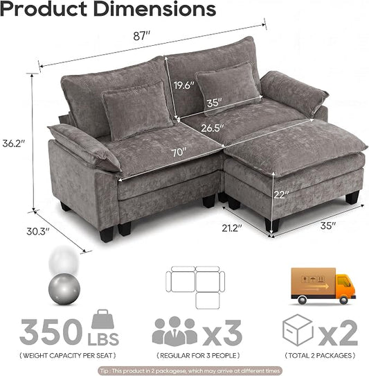 URRED Oversized Modular Sectional Sofa, 87" L Shaped Modern Comfy Cloud Couch with Movable Ottoman & Pillows, Deep Seat Couches for Living Room, Bedroom or Apartment (Chenille Gray, 87" L Shaped)