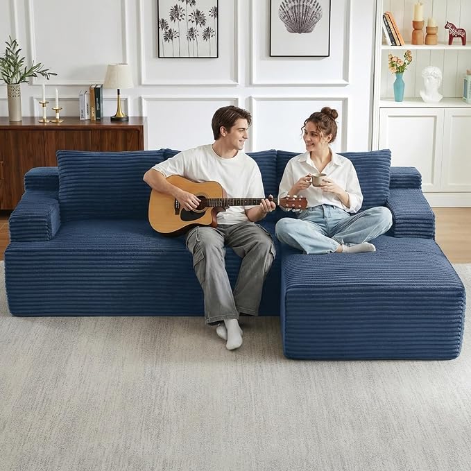 96" Cloud Sectional Couch with L-Shape Chaise, Modular Comfy Sofa Chaise Longue, Upholstered Corduroy Couches Sleeper with Deep Seat for Living Room Bedroom, No Assembly Required(Blue, Right Facing)
