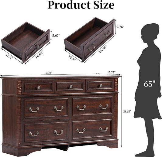 Farmhouse Dresser and Nightstand Sets, 7 Drawer Dresser & 3 Drawer Nightstand Sets, 2 Pieces Rustic Wood Bedroom Furniture Set for Home, Bedroom, Hallway(Dark Brown)