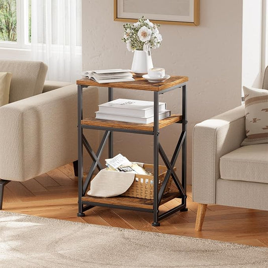 Simple Trending Side Table, End Table with 3 Tiers Open Shelves, Bedside Table for Sofa Couch, Nightstand, Living Room, Bedroom, Rustic Brown