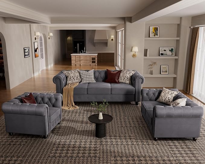 Morden Fort Classic Chesterfield Sofa Chair Set, Tufted Arm Chair Sofa with Solid Wood Legs Thick Cushion, Pet-Friendly Sofa Couch Chair for Living Room Bedroom Reading Room - Velvet Grey