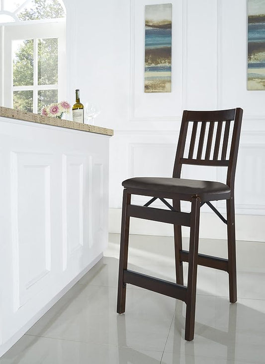 Stakmore Solid Wood Dining Table Counter Stools Set - Bonded Leather Padded Upholstered Seat & Steel Folding Mechanism, Espresso