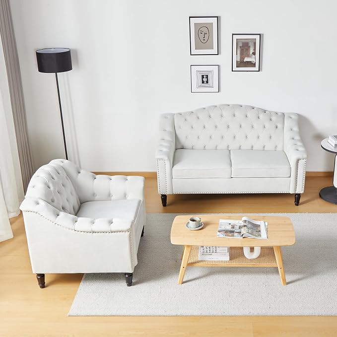 LEVNARY White Velvet Chair for Bedroom, Upholstered Sofa Chair with High Back, Mid-Century Modern Armchair with Solid Wood Legs, Single Couches for Living Room (White)