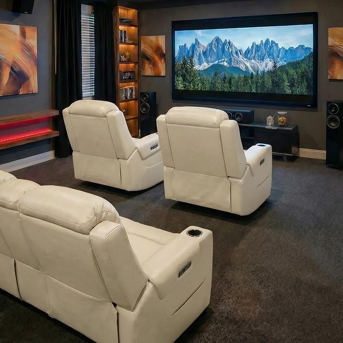 Watson & Whitely Genuine Leather Power Recliner Chairs for Adults, Lay Flat Recliner with Power Headrest, USB Ports and Cup Holders, Electric Reclining Sofa for Living Room, Bedroom, Cream
