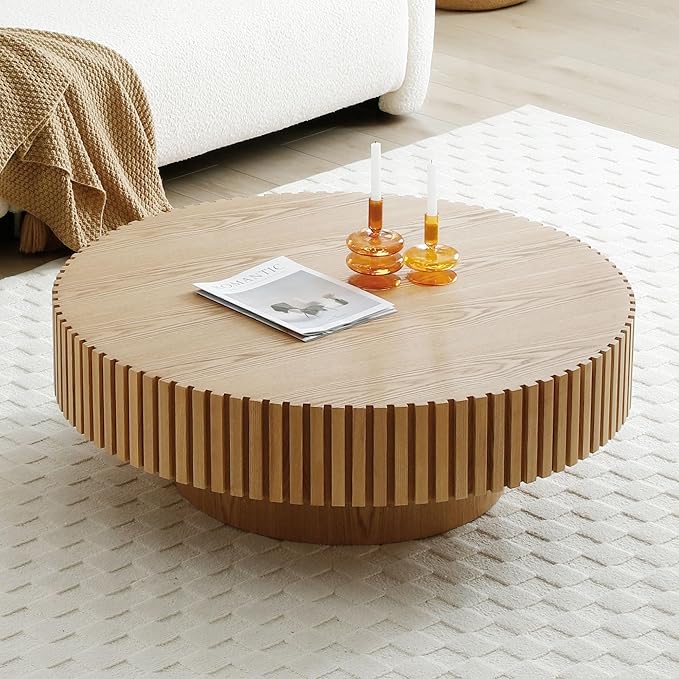 31.49" Round Fluted Coffee Table for Living Room, Mid Century Modern Drum Coffee Table with Sturdy Pedestal, Circle Center Table Accent Tea Table for Apartment ASH