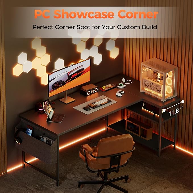 Mericonia Small L Shaped Computer Desk with Power Outlets, Reversible Gaming Desk with Storage Shelves, Corner Gamer Desk Table, Study Writing Table