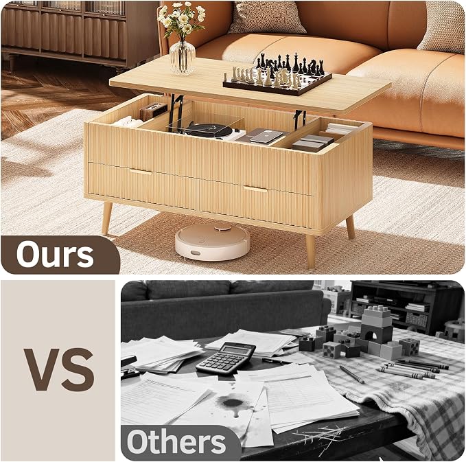 Lift Top Coffee Table with Storage - Fluted Wood Coffee Tables for Living Room with Drawers & Hidden Compartment, Mid Century Modern Square Large Center Table for Home Office, Reception
