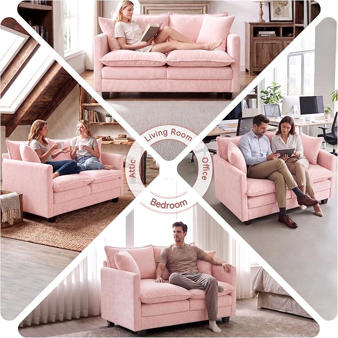 Loveseat Sofa Couch 2 Piece Set, Small Compact 50" Love Seat 27" Deep Cloud Sofa Set Washable Chenille Pillow Living Room Set for Apartment Office 8833-PINK-2+2
