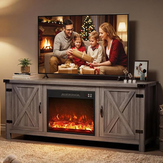 YESHOMY Fireplace TV Stand with Two Barn Doors and Storage Cabinets for Televisions up to 65+ Inch, Entertainment Center Console Table, Media Furniture for Living Room, 58 Inch, Gray
