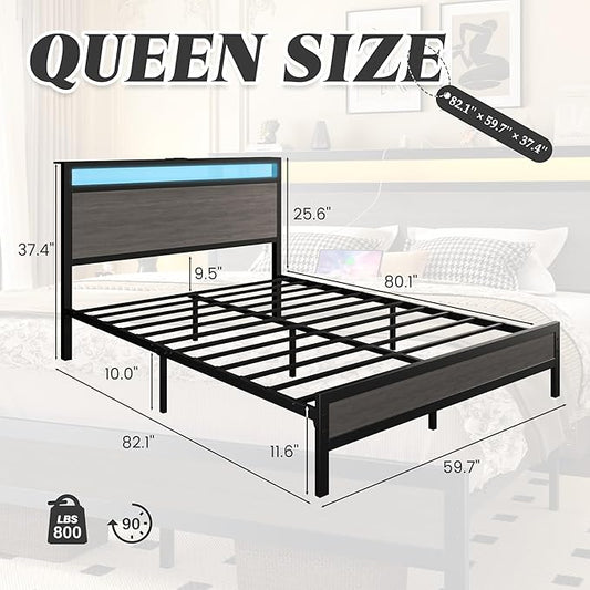 Fluest Queen Bed Frame with Headboard & Footboard, Bed Frame with Built-in Charging Station & LED Light, Storage Shelf, Noise-Free, No Box Spring Needed, Easy Assembly, Rustic Grey