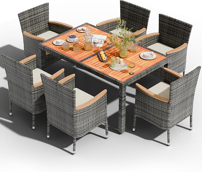 Shintenchi 7 PCS Patio Dining Set, Wicker Patio Conversation Set with Wooden Table Top, Outdoor Table and Chairs with Soft Cushions for Backyard, Deck and Garden, Grey Rattan