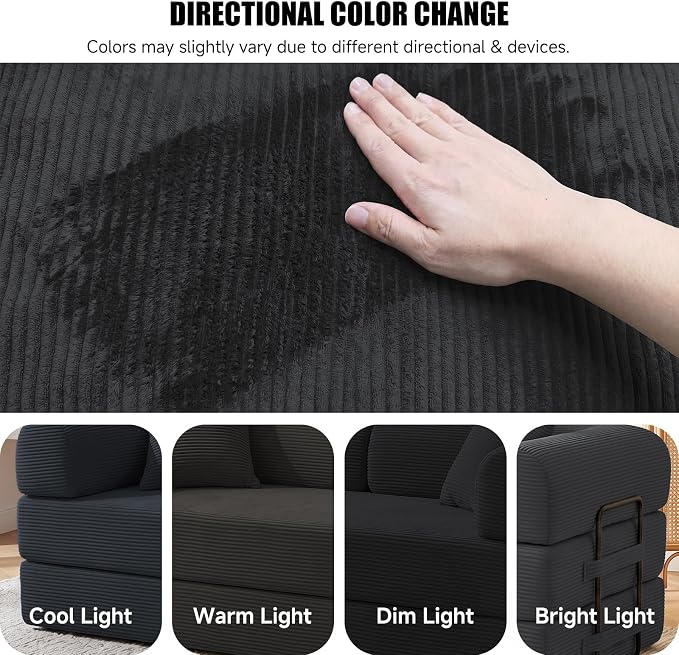 79" Convertible Sleeper Sofa Bed, Corduroy Boneless Fold-Out Couch in a Box, 4-in-1 Loveseat/Futon Couch, High-Density Foam, No Assembly, Side Pockets, 2 Pillows for Small Spaces, Black