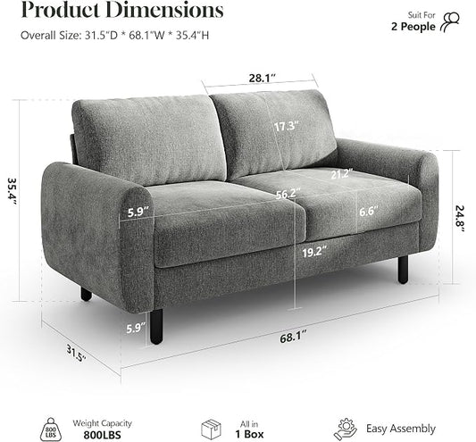 WorthFurni 68" Loveseat Sofa, Comfy Chenille Fabric Couches for Living Room with Spring Cushion and Solid Wood Frame, Modern Deep Seat Couch for Bedroom, Apartment, Office, Easy Assembly, Gray
